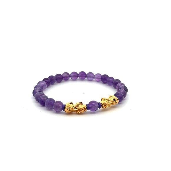 18K Gold Pixiu Double Piyao Bracelet Gemstones Amethyst February Birthstone 6mm - Picture 3 of 7